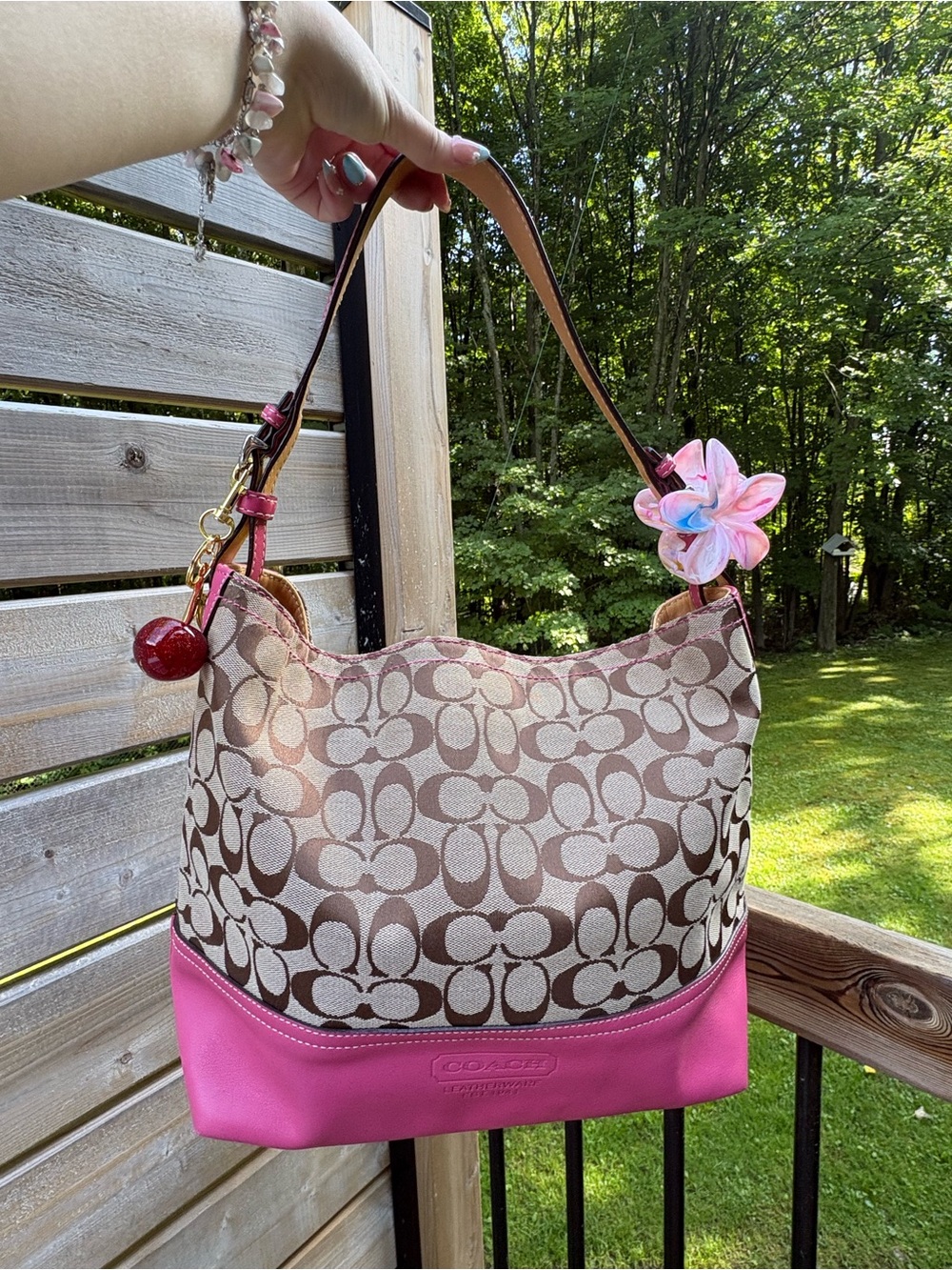 Coach Canvas Hobo Bag in Brown and Pink